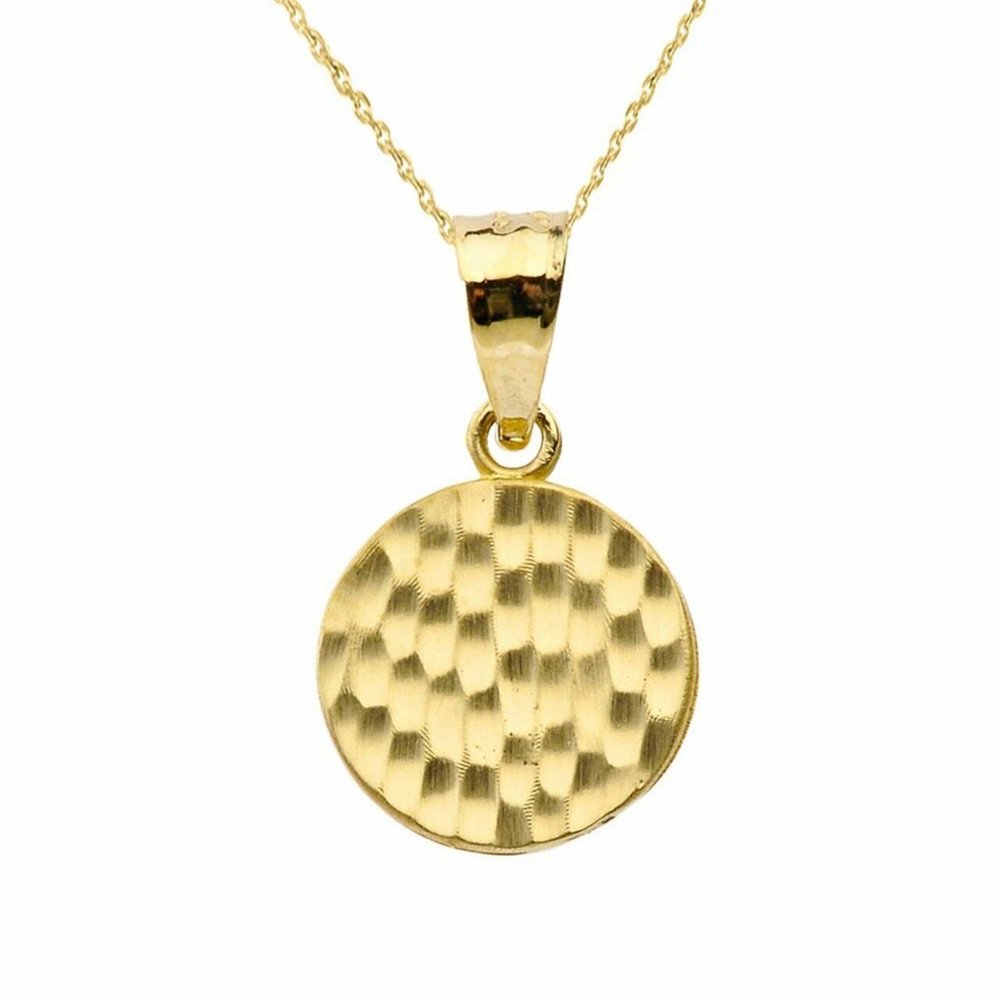 Solid 14k Gold Hammered Round Small Disk Necklace